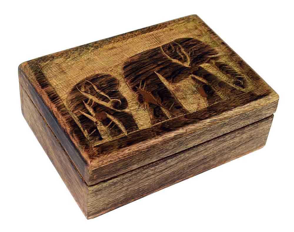 Carved Natural Wood Box - Elephants