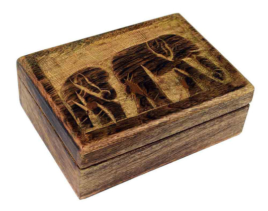 Carved Natural Wood Box - Elephants