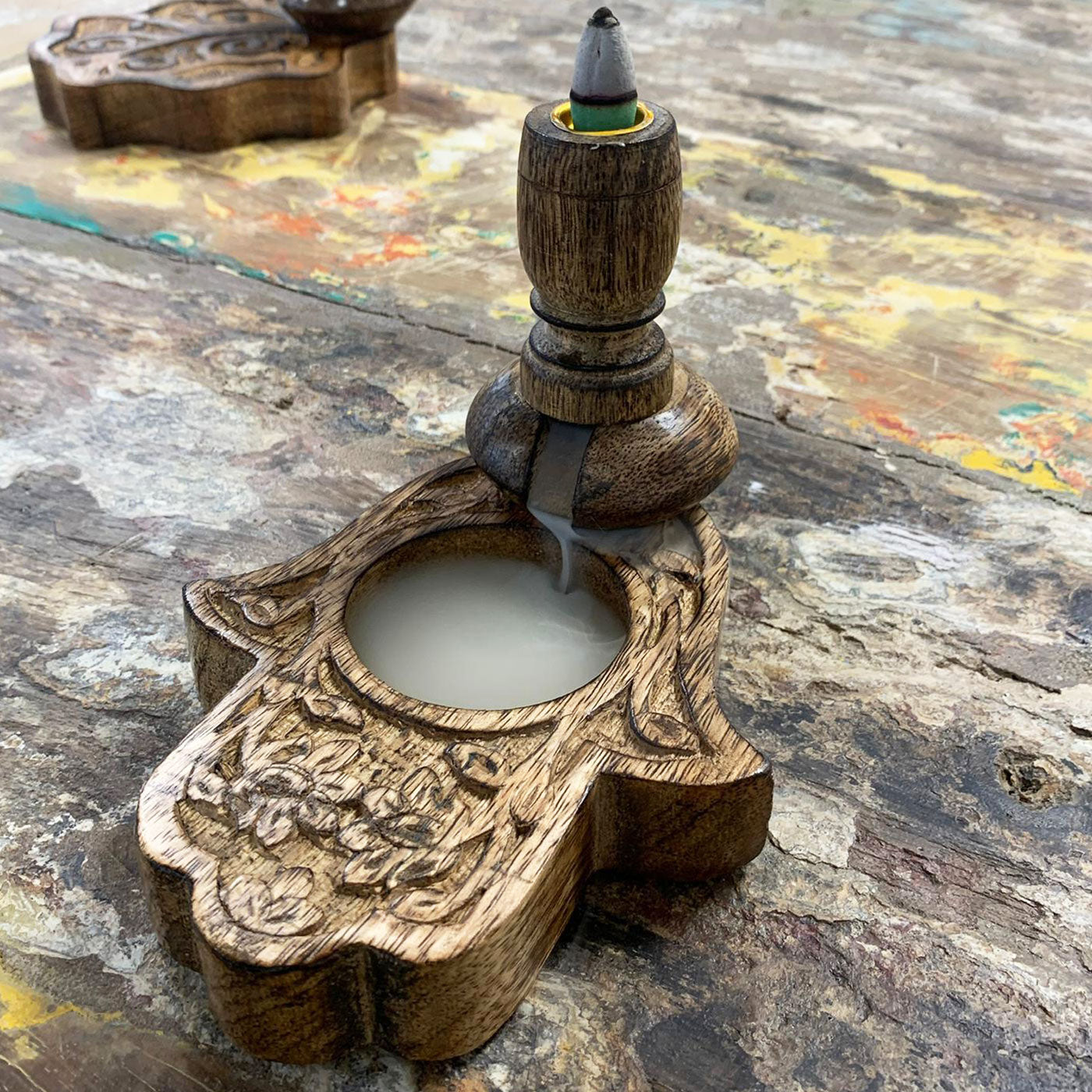 Small Hand Carved Mango Wood Hamsa Hand Backflow Incense Burner