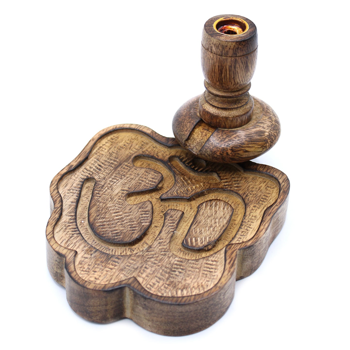 Small Hand Carved Mango Wood Ohm Backflow Incense Burner