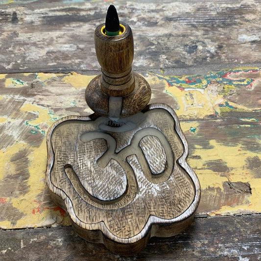 Small Hand Carved Mango Wood Ohm Backflow Incense Burner