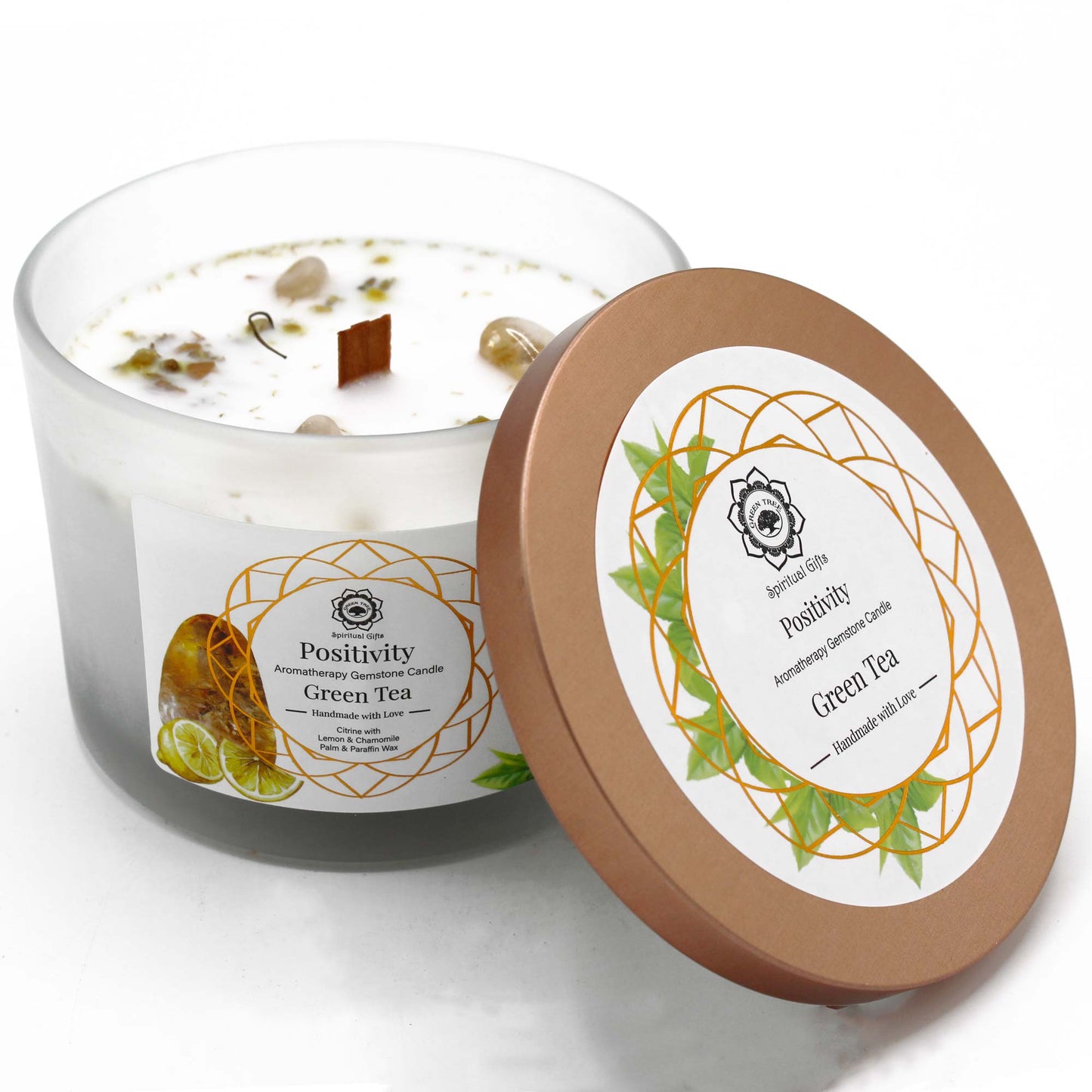 Green Tea And Citrine Gemstone Candle - Positivity