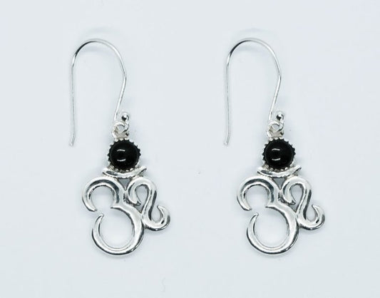 Sterling Silver Om Black Onyx Crystal Earrings