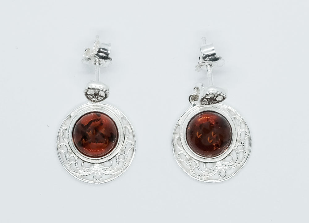 Sterling Silver Amber Round Filligree Earrings 4g