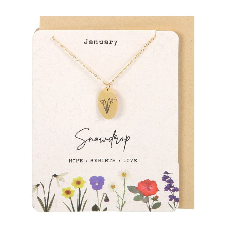 January Snowdrop Birth Flower  Necklace Card