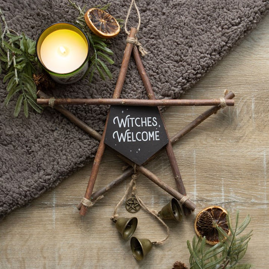 Witches Welcome Willow Pentagram Star Sign With Bells