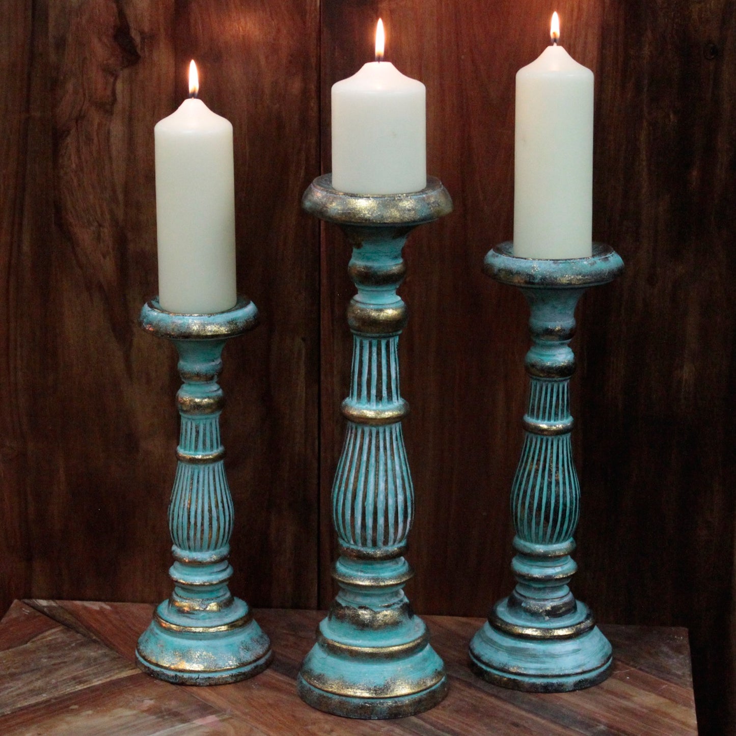 Hand Carved Vintage Candle Stands - Turquoise And Gold