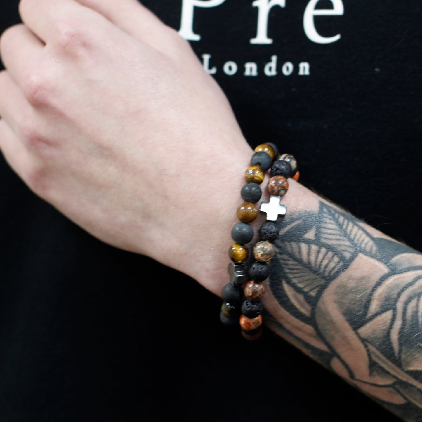 Tiger's Eye and Black Stone Cross Crystal Power Bracelet