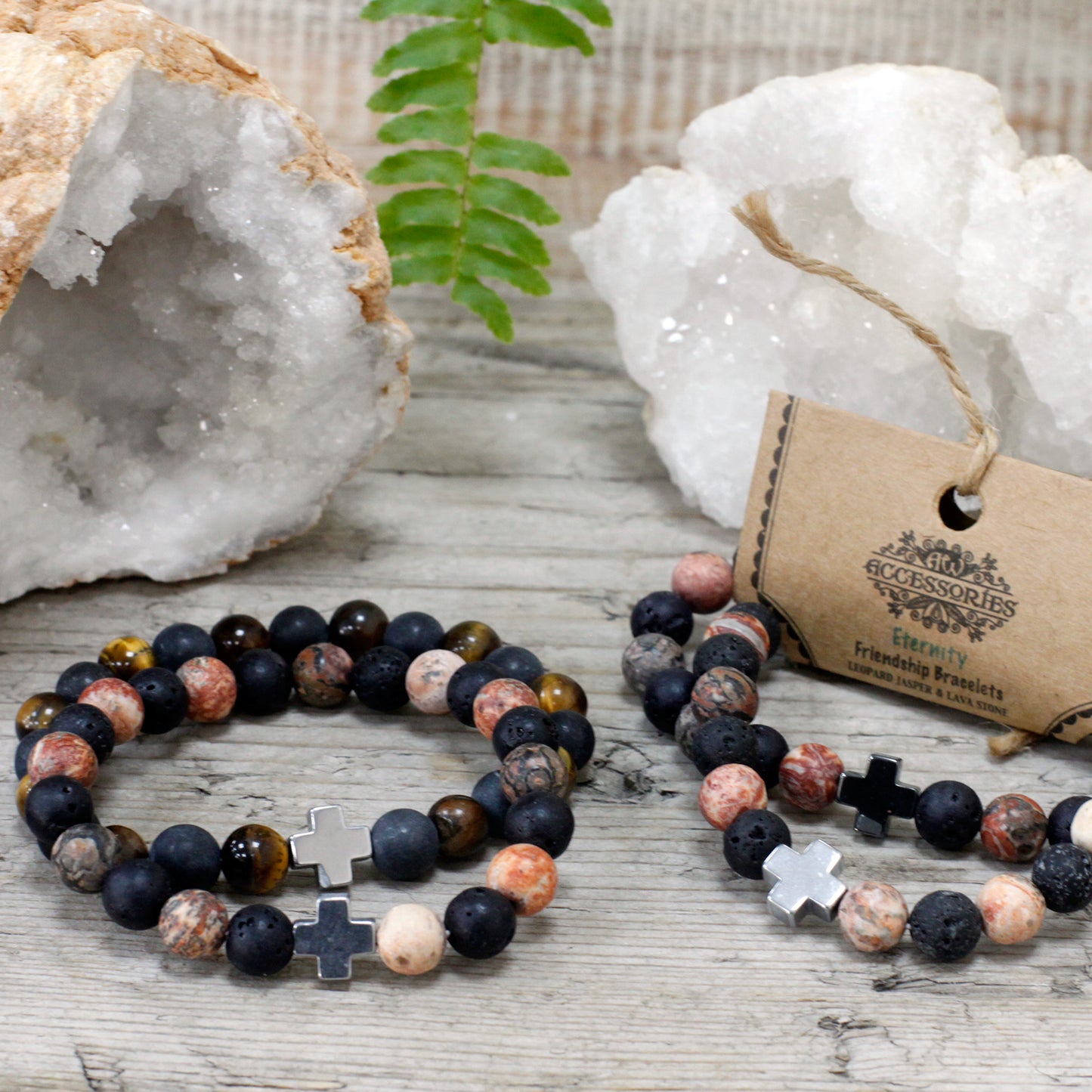 Leopard Skin Jasper and Lava Stone Cross Crystal Power Bracelet