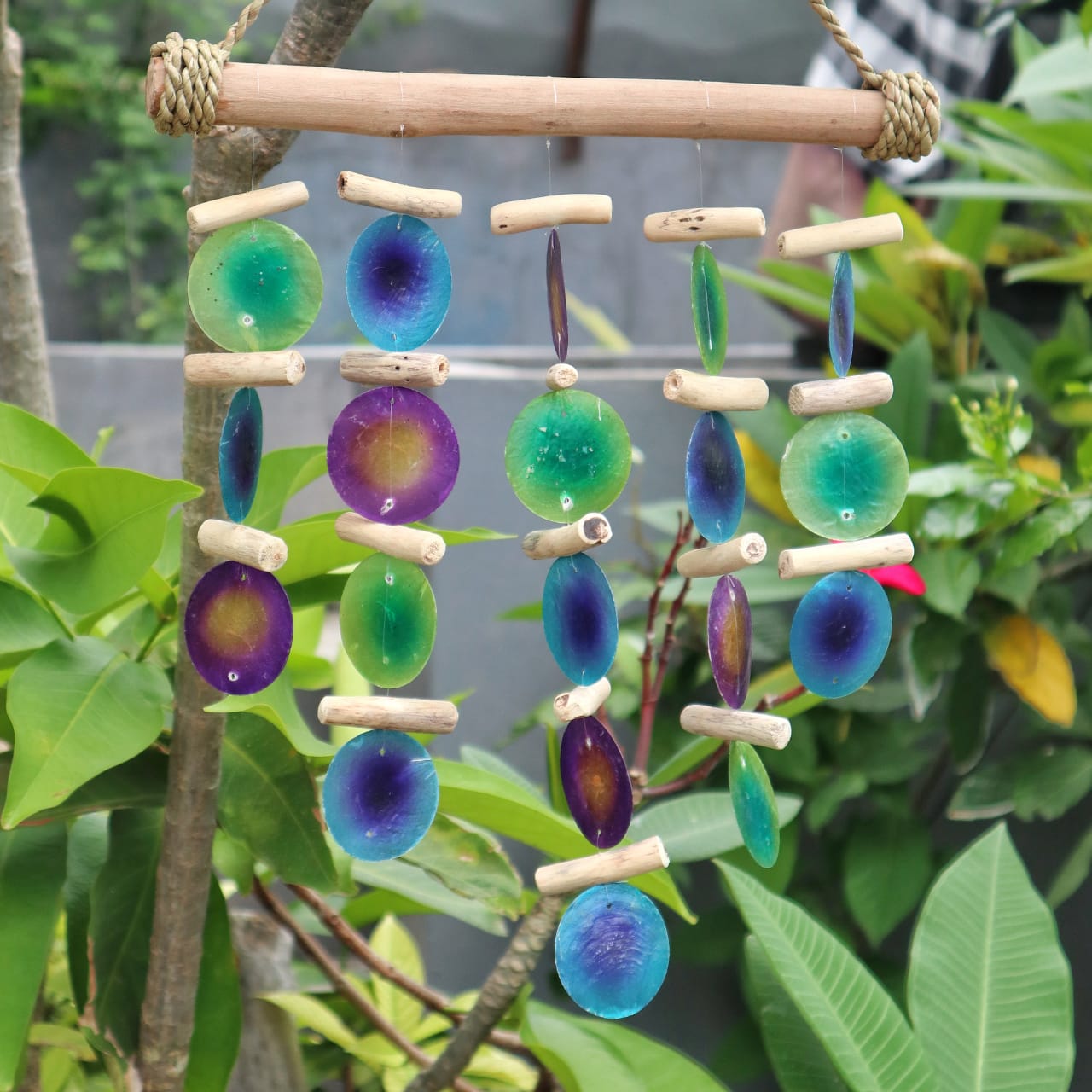 Driftwood Wind Chimes - Green And Purple Circles