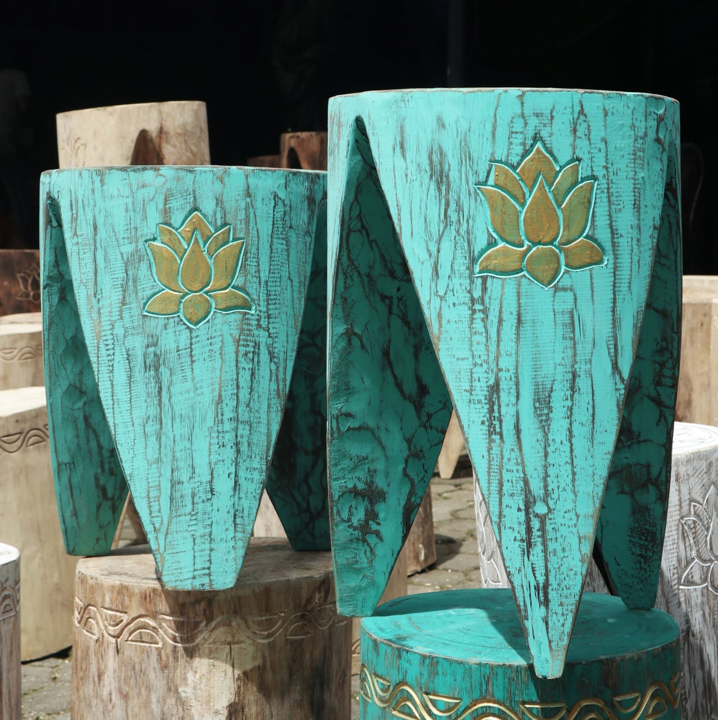 Interlocking Wooden Tribal Tables/Stool Set - Turquoise