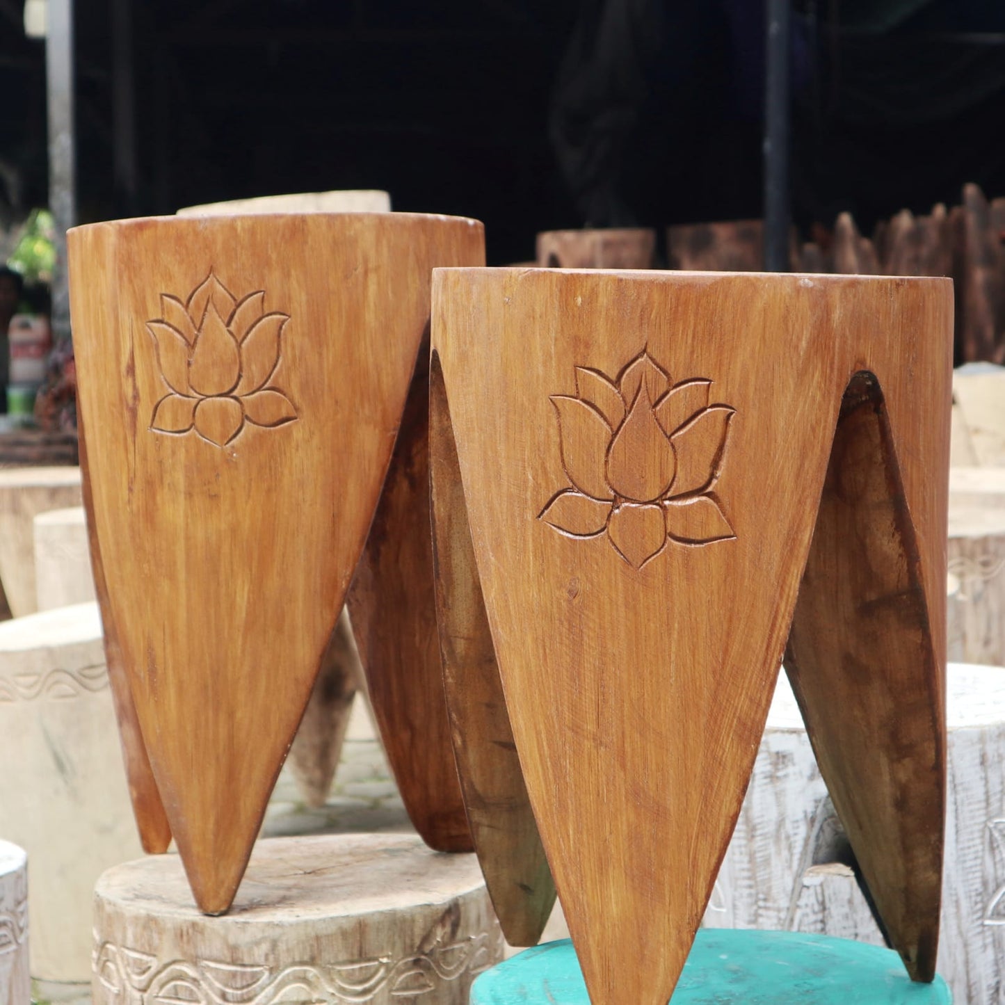 Interlocking Wooden Tribal Tables/Stool Set - Natural