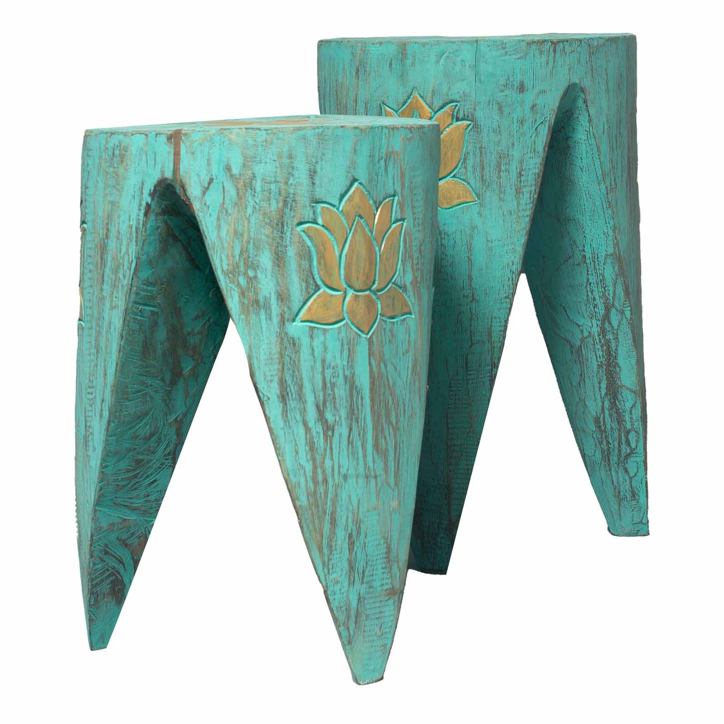 Interlocking Wooden Tribal Tables/Stool Set - Turquoise