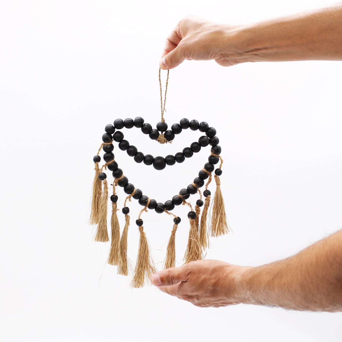 Raffia And Pinewood Bead Heart Wall Decoration