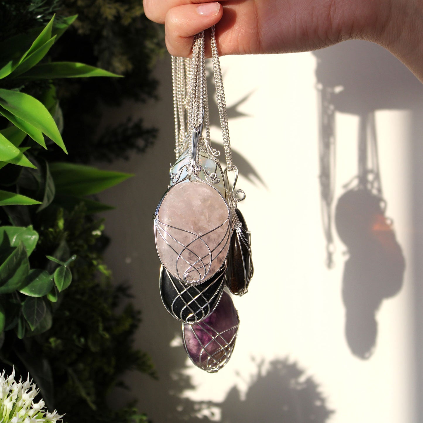 Swirl Wrapped Indian Crystal Necklace - Rose Quartz