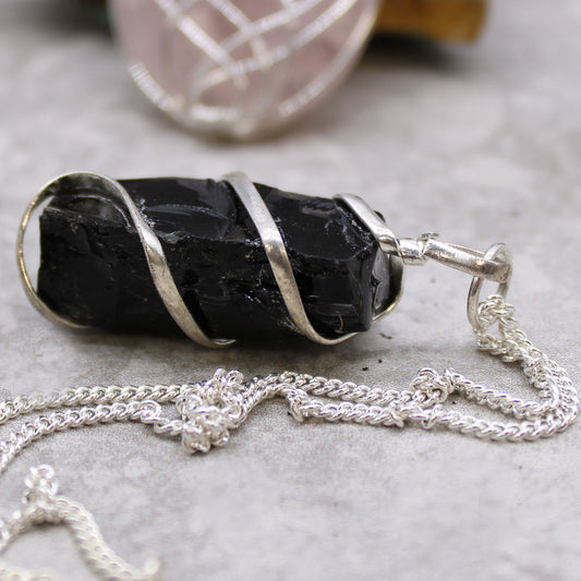 Cascade Wrapped Indian Crystal Necklace - Rough Black Onyx