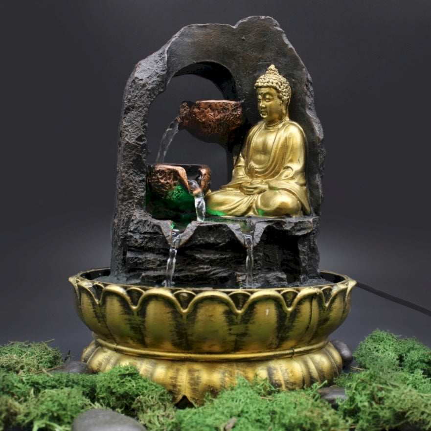 Table Top Water Feature - Gold Meditating Buddha