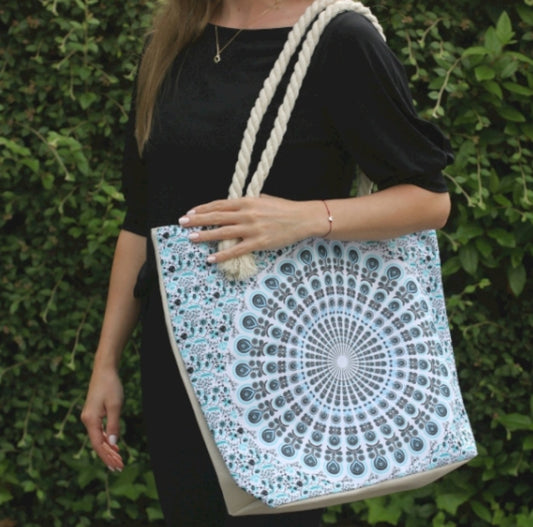 Rope Handle Mandala Bag - Light Blue