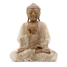 Hand Carved Suar Wood Buddha Statues Whitewash