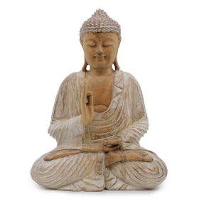 Hand Carved Suar Wood Buddha Statues Whitewash