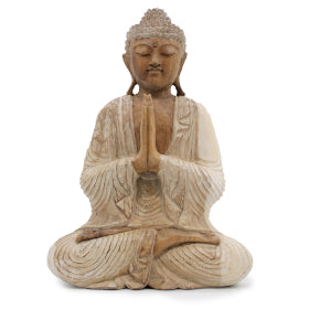 Hand Carved Suar Wood Buddha Statues Whitewash