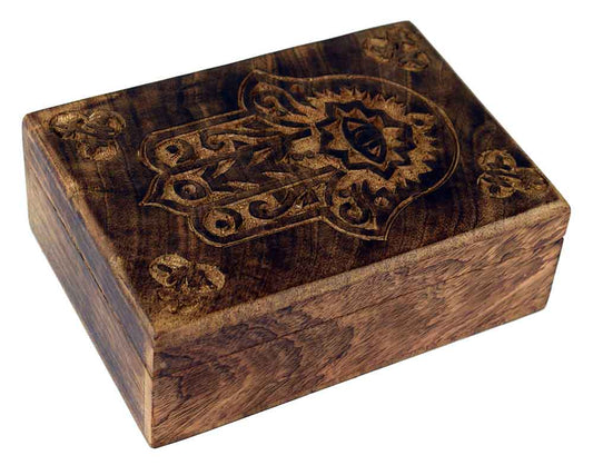 Carved Natural Wood Box - Fatima Hand