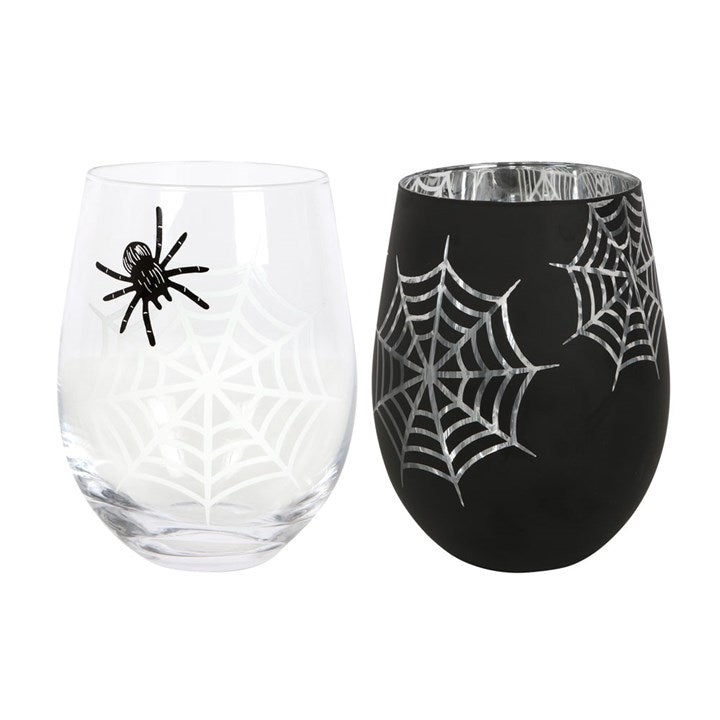 Set Of 2 Spider And Web Stemless Wine Glasses