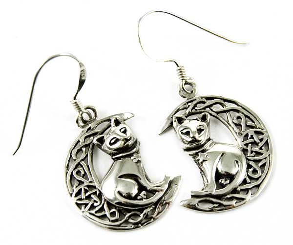 Sterling Silver Cat on Moon Earrings Designed by Lisa Parker