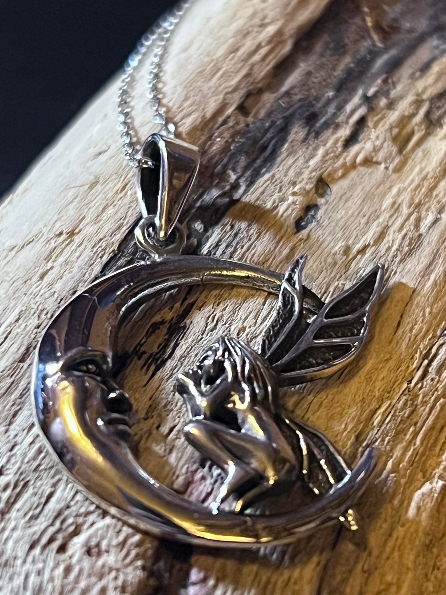 Sterling Silver Fairy On Moon Pendant