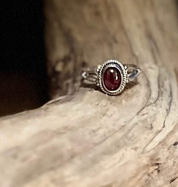 Sterling Silver And Garnet Ring - Size O